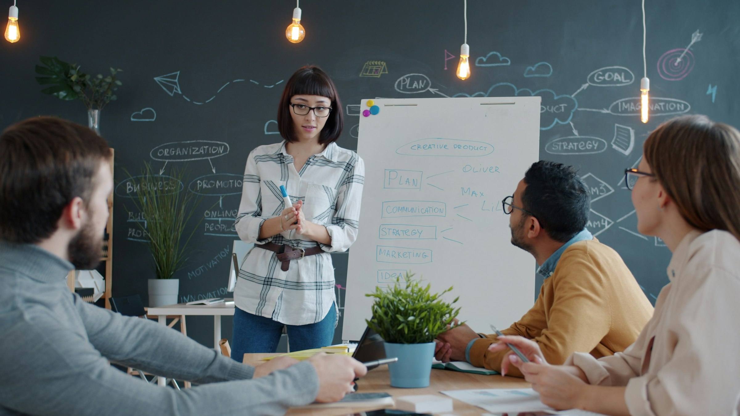 A leader walks her team through the week’s plan at a whiteboard